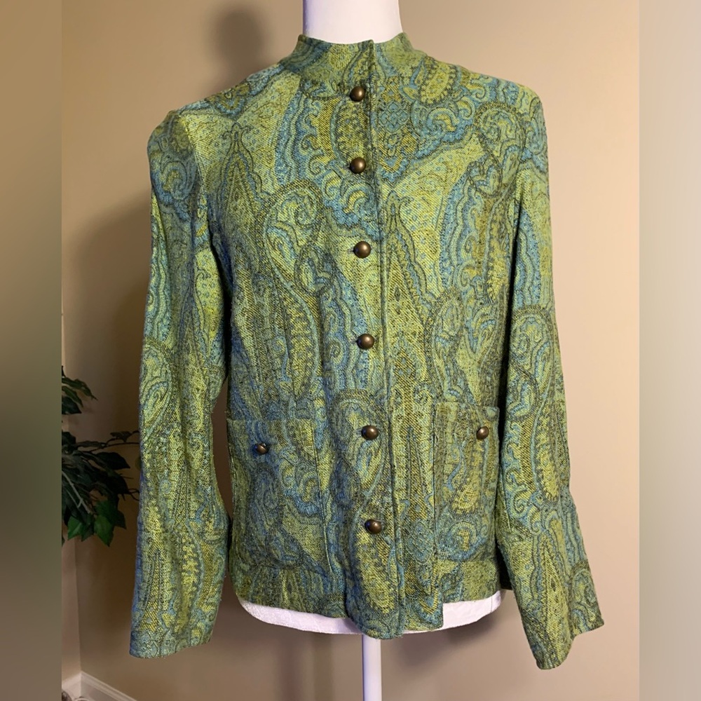 Coldwater Creek Green Paisley Button-Front Blazer Pockets
